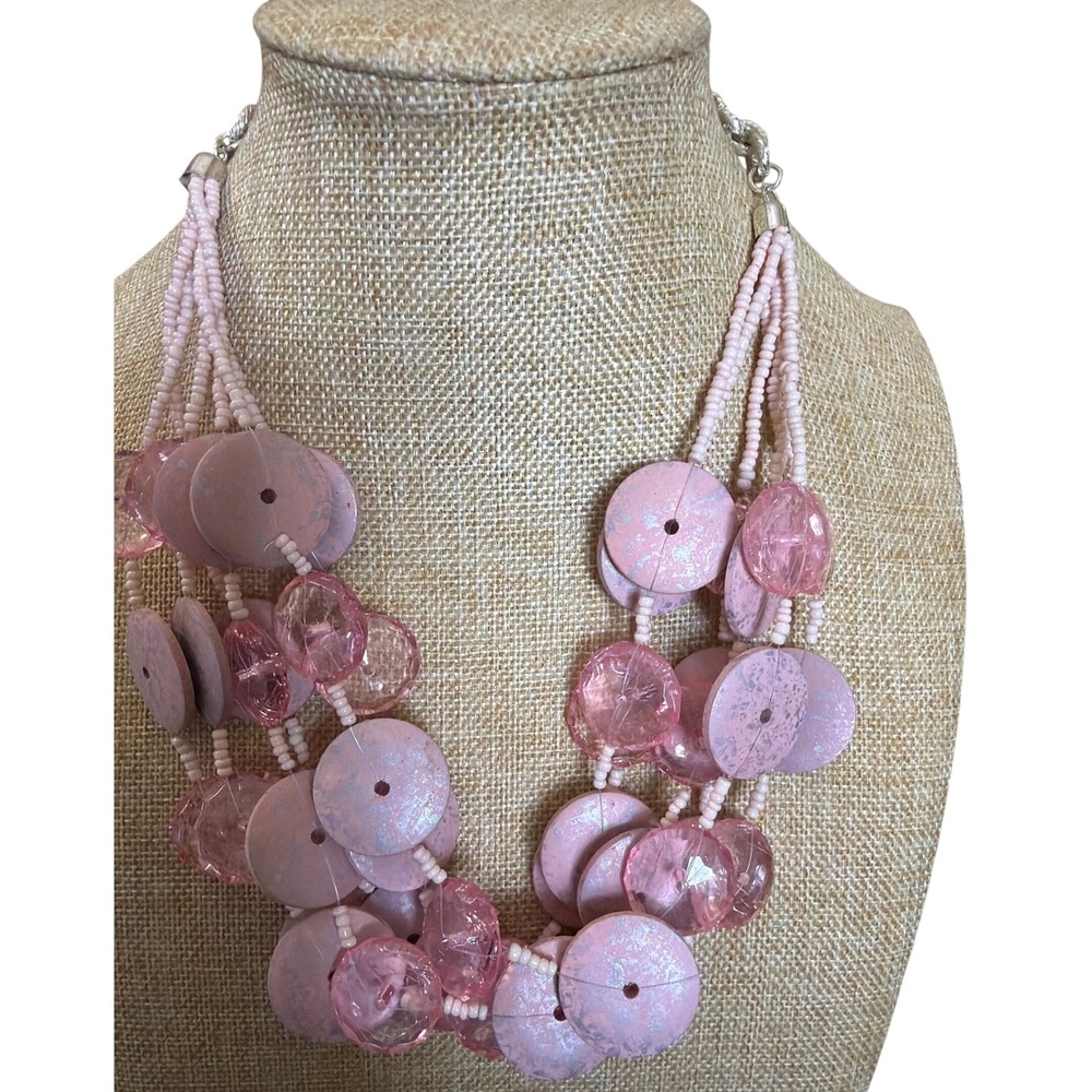 Pink Multi Strand Statement Necklace Beaded Wood Acrylic Silver Tone Chain